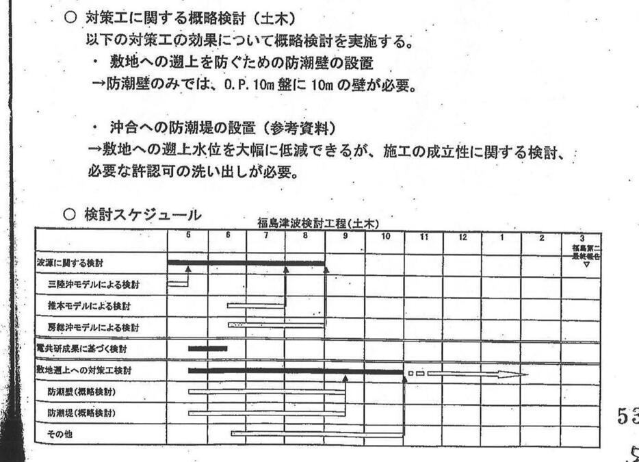 2008年6月10日の東電社内会議で配布された資料の4枚目のうち「対策工」に関する記述＝避難者が国や東電を相手に大阪地裁で起こした訴訟の丙B第268号証の4の資料109