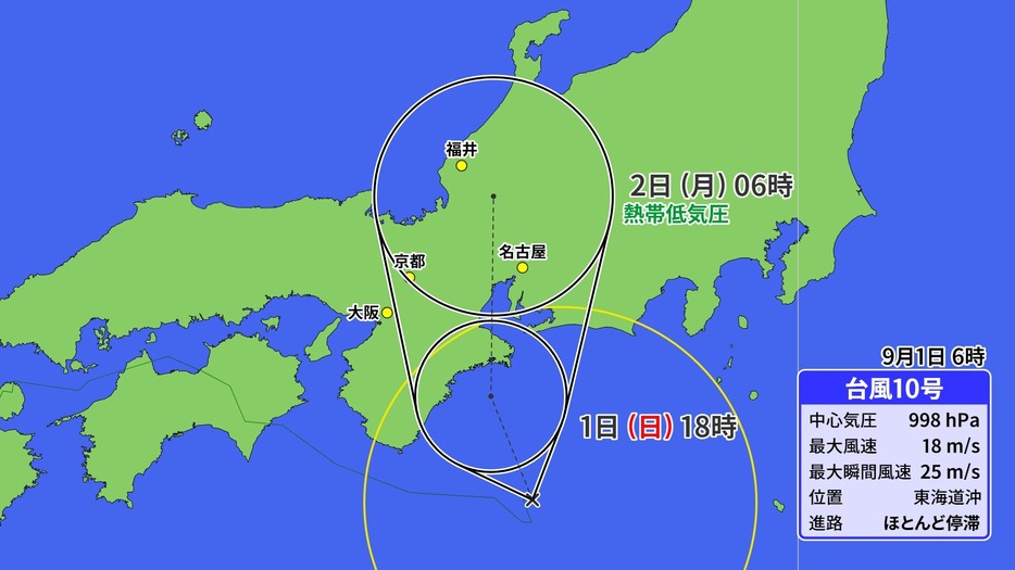 1日(日)午前6時の台風10号の位置と予想進路