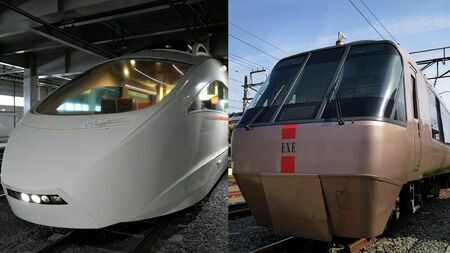 2023年に完全引退した小田急ロマンスカーのVSE（左）と、現役のEXE未更新車。EXEは将来的にVSEの後継車両に置き換えられる（記者撮影）