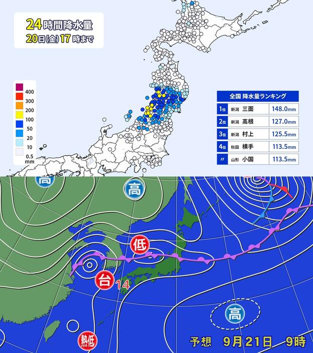 上：24時間降水量(20日(金)午後5時まで)／下：予想天気図(21日(土)午前9時)