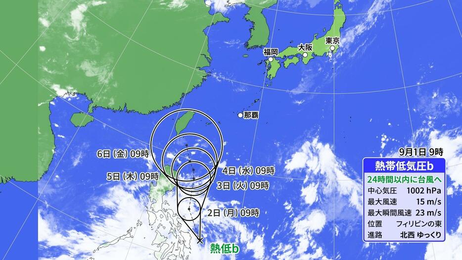 1日(日)正午の熱帯低気圧の位置と予想進路