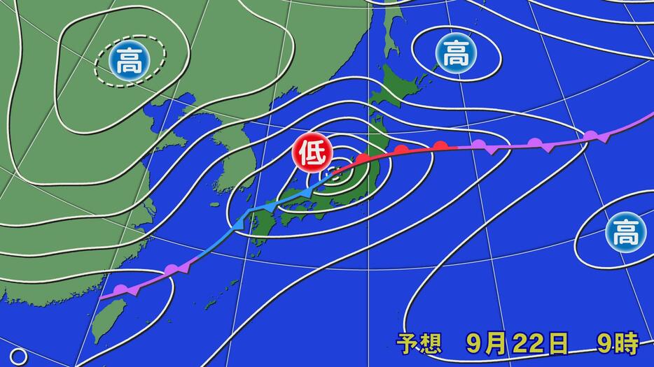 22日(日)午前9時の予想天気図