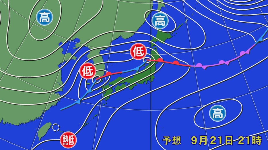 21日(土)午後9時の予想天気図