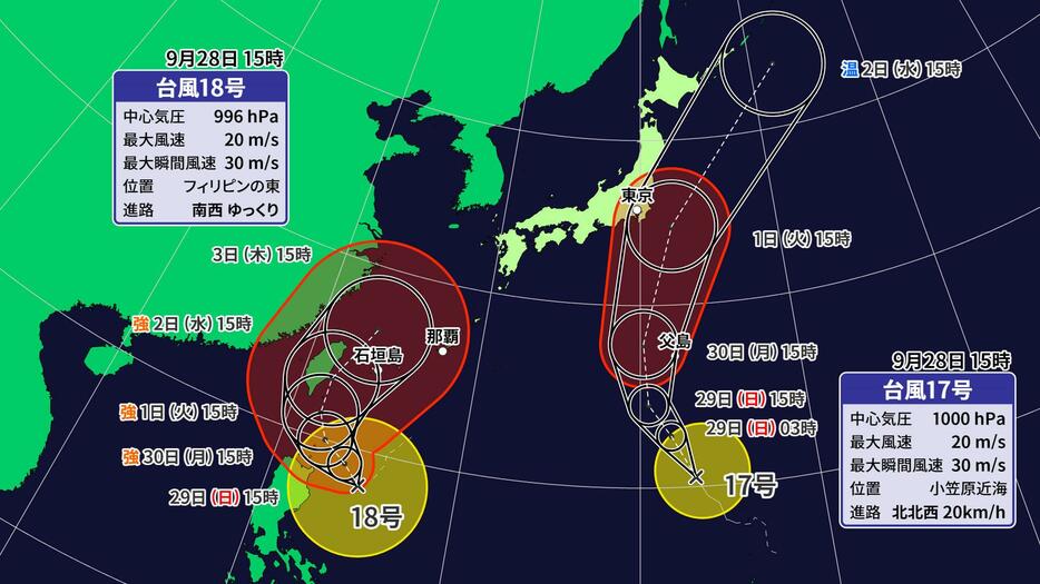 台風17号と18号の進路予想図