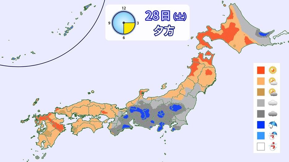 28日(土)夕方の天気分布