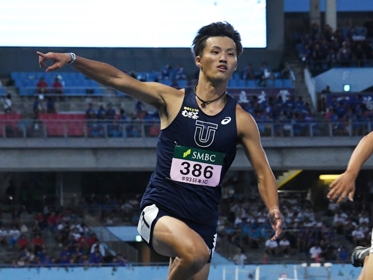 男子100mで連覇を果たした東洋大の柳田大輝（撮影・井上翔太）