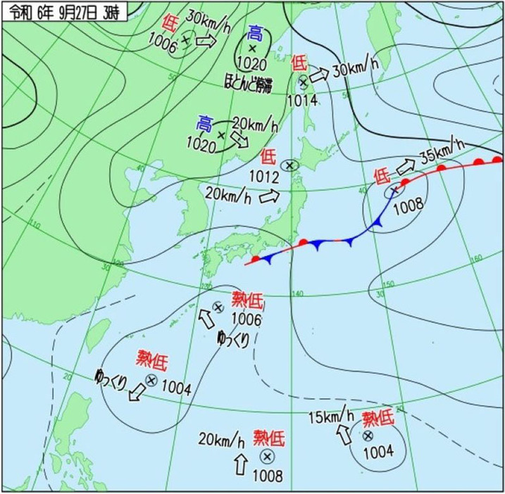 27日午前3時の実況天気図（気象庁発表）