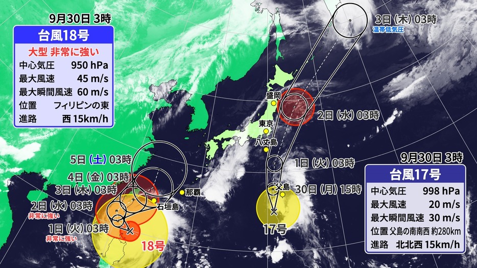 30日(月)午前3時の台風17号と18号の位置・予想進路