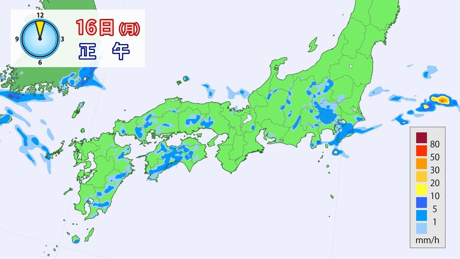 16日(月)正午の雨の予想