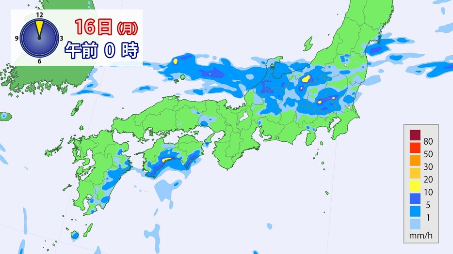 16日(月)午前0時の雨の予想