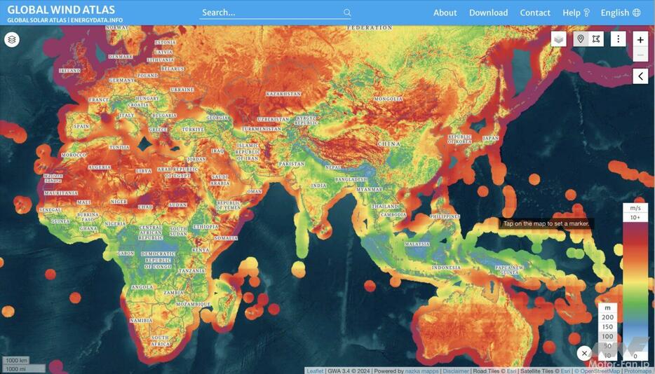 Global Wind Atlasのデータ。日本は洋上風力のポテンシャルは陸上風力よりもやや高く、25％程度と言われる。IEAの2022年データでは、日本の風力発電比率は0.96％。世界で最も風力発電を利用しているデンマークは56％に達する...