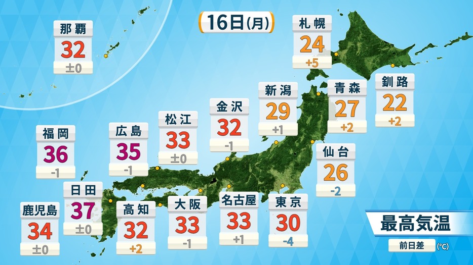 16日(月)の予想最高気温