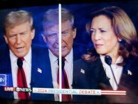 Former President Donald Trump and Vice President Kamala Harris. Photographer: Hannah Beier/Bloomberg