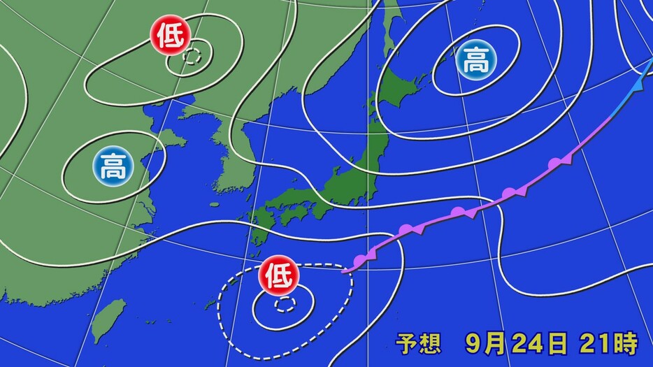 24日(火)午後9時の予想天気図