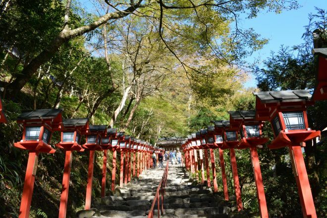 朱塗りの灯籠が並ぶ貴船神社の参道。和泉式部も参詣して蛍を見たと「和泉式部集」に残っています＝京都市左京区、朝日新聞