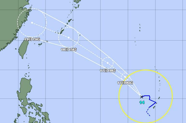 台風14号の16日午後6時の位置と進路予想（気象庁ホームページから）