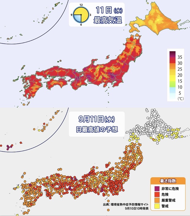 11日(水)の予想最高気温と暑さ指数