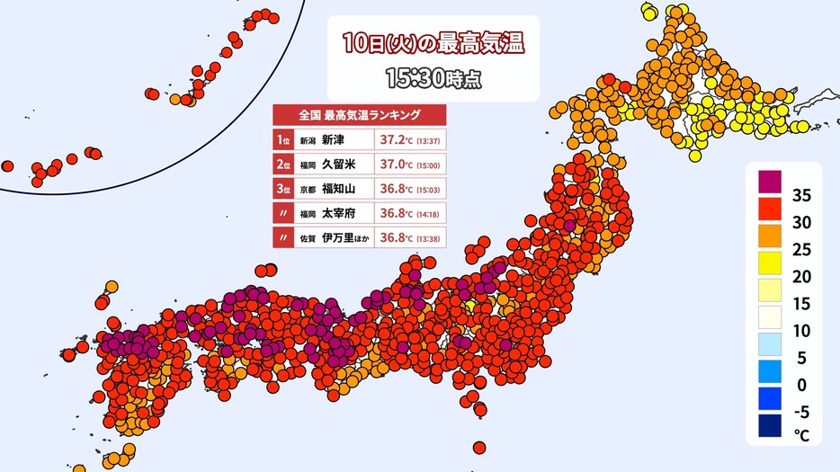 10日(火)の最高気温(午後3時30分まで)