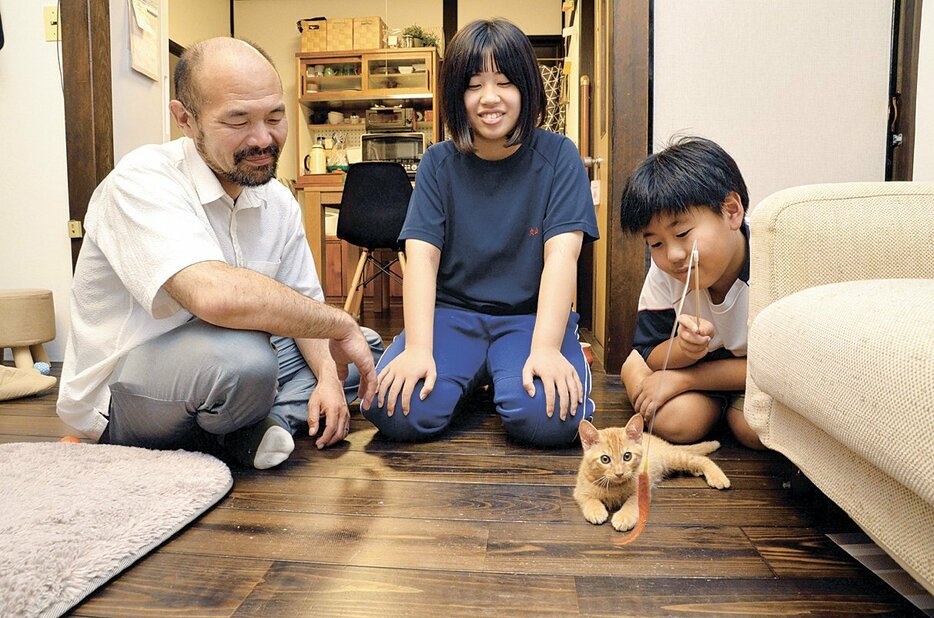 救われた子猫を子供たちと見守る丸山さん（左）