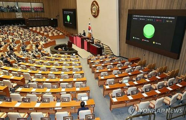 与党「国民の力」の議員が退席したなかで行われた国会本会議の様子＝19日、ソウル（聯合ニュース）