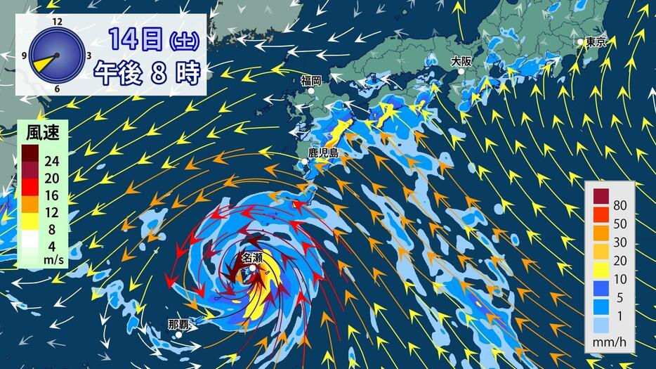 雨と風の予想(14日(土)午後8時)