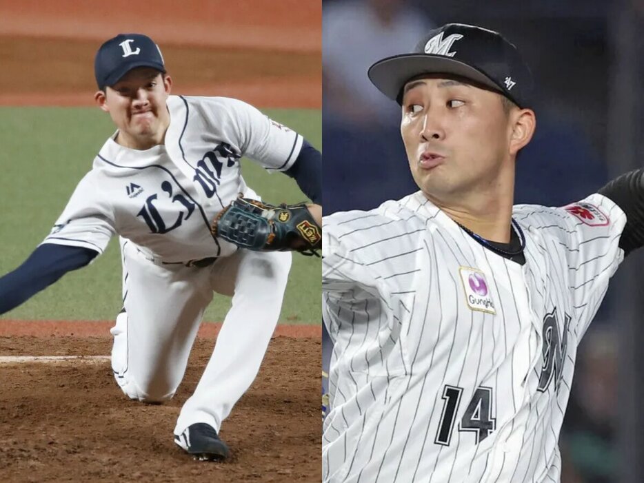 西武・與座海人、ロッテ・小島和哉(C)Kyodo News