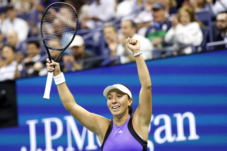 全米オープンテニス、女子シングルス準々決勝。勝利を喜ぶジェシカ・ペグラ（2024年9月4日撮影）。