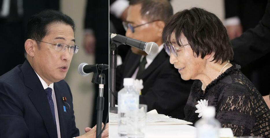 「長崎原爆の日」に岸田首相（左）と面会する「被爆体験者」訴訟原告団長の岩永千代子さん＝8月9日、長崎市