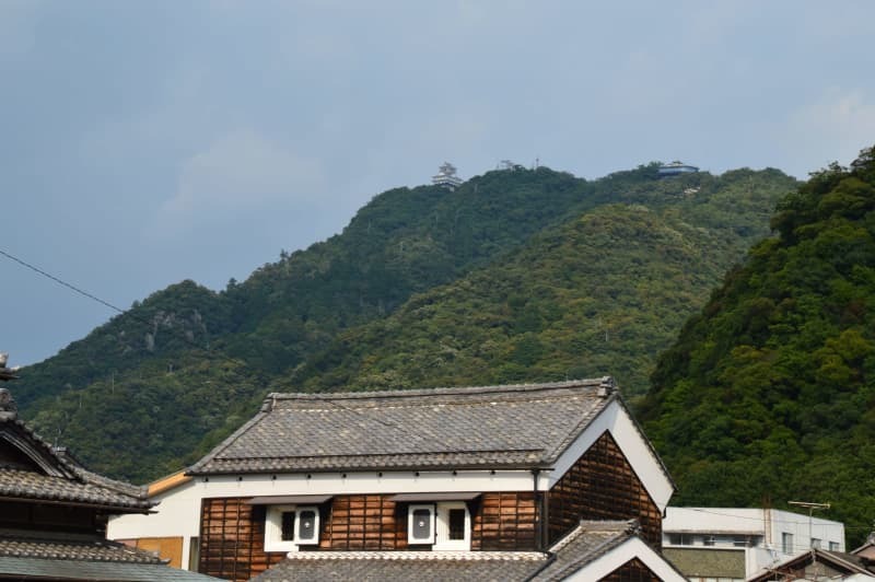 岐阜城がそびえる金華山を背に古い民家が立ち並ぶ「岐阜町」＝２０２４年８月４日