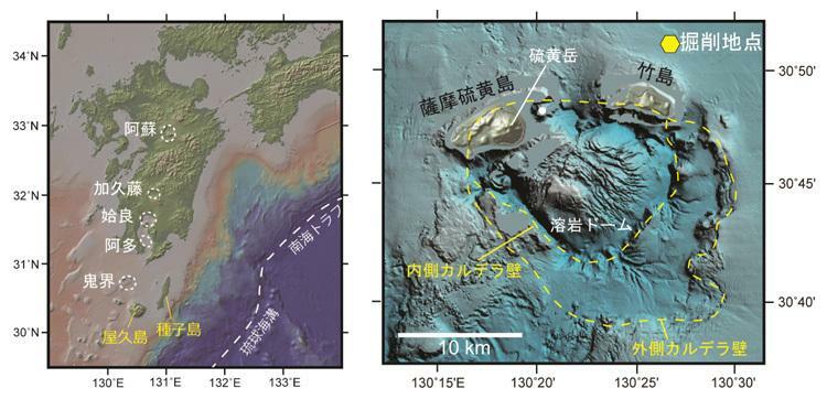 鬼界カルデラは九州に存在するカルデラ火山列の最南方に位置する（左）二重のカルデラ壁がある鬼界カルデラの構造と掘削地点を示す地図（右）（JAMSTEC／神戸大学提供）