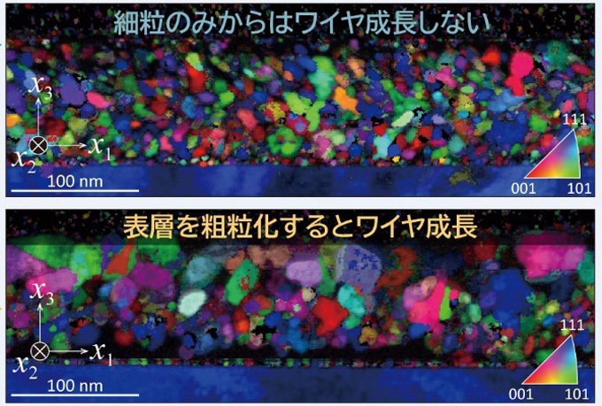 アルミ薄膜断面にある結晶粒の大きさと色の違いで結晶の向きが分かる顕微鏡像。結晶が細かい粒のみだとナノワイヤは成長しないが、ある程度まで粒が大きくなり表層で粗粒化すると成長する（九州大学の木村康裕准教授提供）