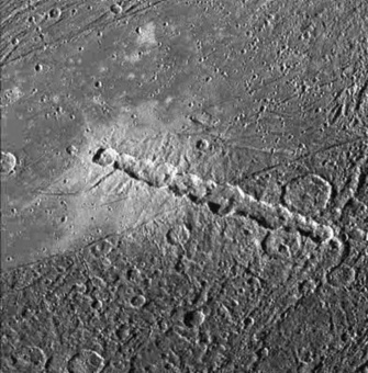 木星の衛星ガニメデにある、鎖状に連なった13個のクレーター「エンキカテナ」。木星に接近し、重力で砕かれた彗星の破片が続けざまに衝突して形成された可能性が高い。米航空宇宙局（NASA）の木星探査機ガリレオが撮影（1998年7月15日公開）。