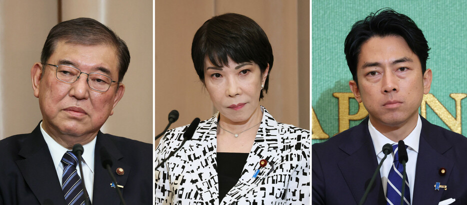 自民党総裁選は２７日、党所属国会議員による投票が行われ、党員・党友票と合わせて開票される。９候補のうち（左から）石破茂元幹事長、高市早苗経済安全保障担当相、小泉進次郎元環境相が三つどもえの接戦を展開。