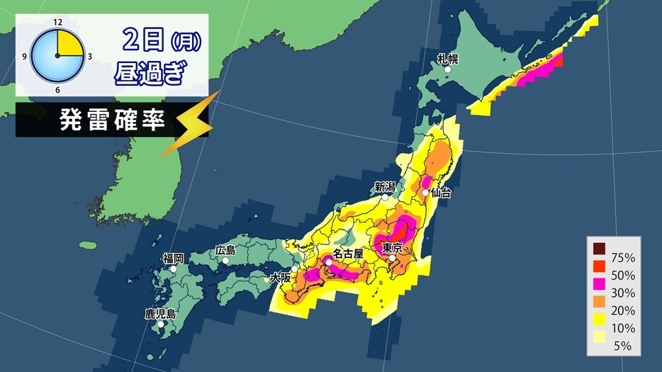 2日(月)昼過ぎの発雷確率