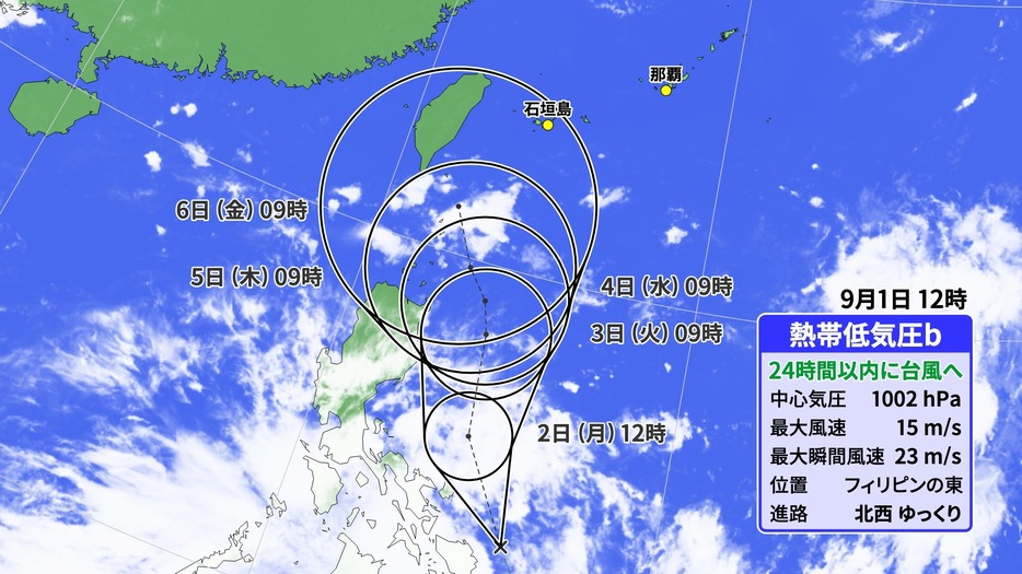 1日(日)正午の熱帯低気圧の位置と予想進路