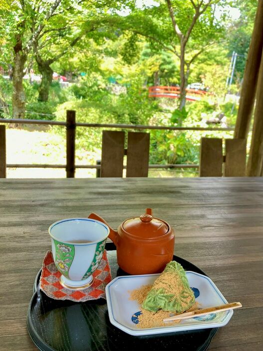 茶屋で食べたよもぎ団子。名前は団子だが、形は草餅。冷たいよもぎ茶の苦みが最高でした