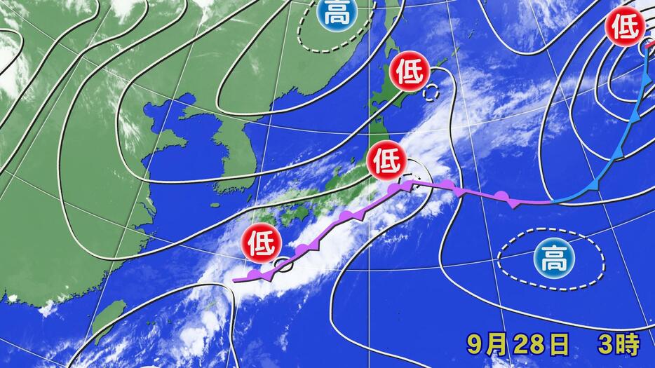 3時の天気図と雲画像