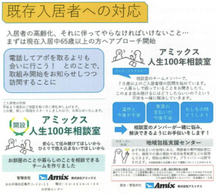 既存の入居者も年を重ねていずれは高齢者になる。アミックスは65歳以上の高齢者を一人ずつ訪問し、「見守り事務委任契約」について説明を行っている（画像提供／アミックス）