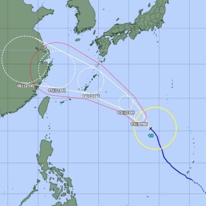 台風１３号の進路予想図（１２日午後９時現在、気象庁ホームページより）