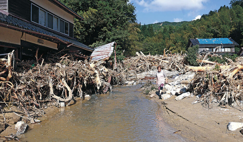 民家に押し寄せた大量の流木＝２３日午後２時、輪島市町野町南時国