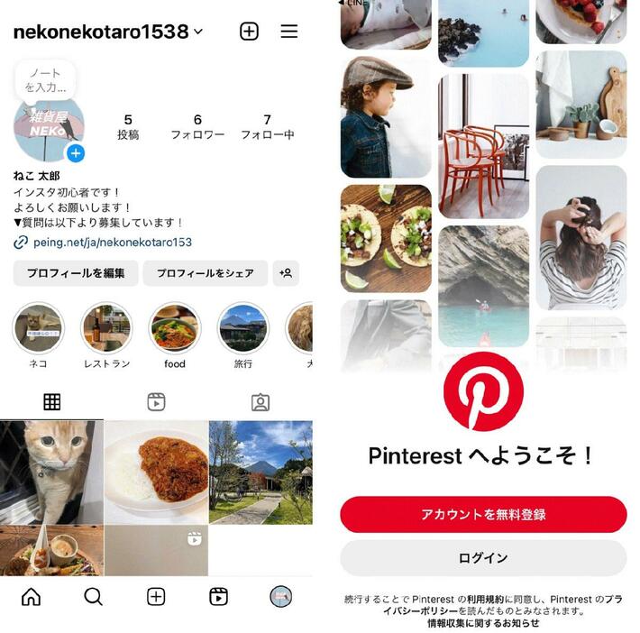 Instagram（写真左）、Pinterest（写真右）