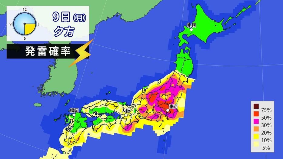 9日(月)夕方の発雷確率