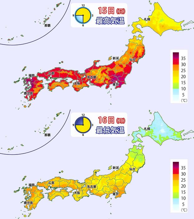 きょう15日(日)の予想最高気温とあす16日(月)の予想最低気温の分布