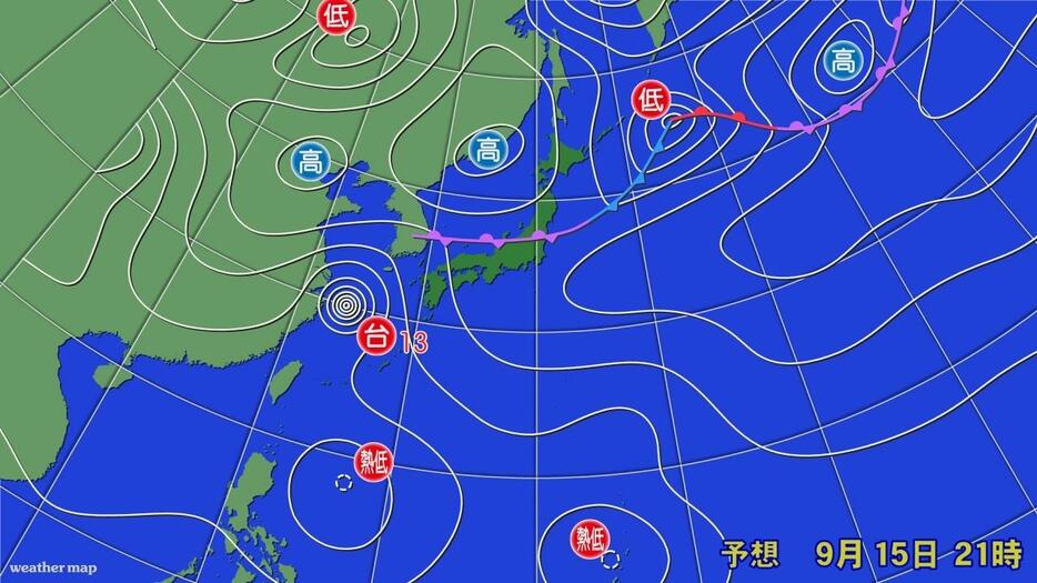 15日(日)午後9時の予想天気図