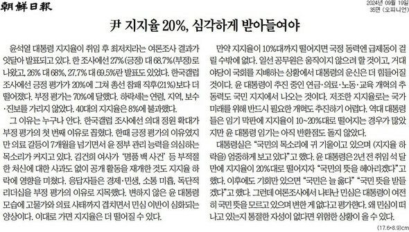 9月19日付朝鮮日報の社説「尹大統領は支持率20%を深刻に受け止めなければ」