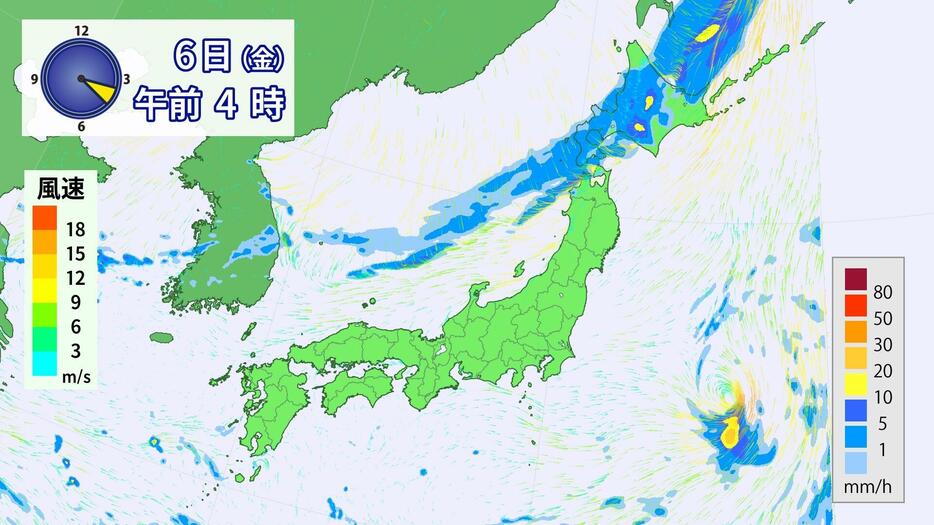 6日（金）午前4時の雨と風の予想