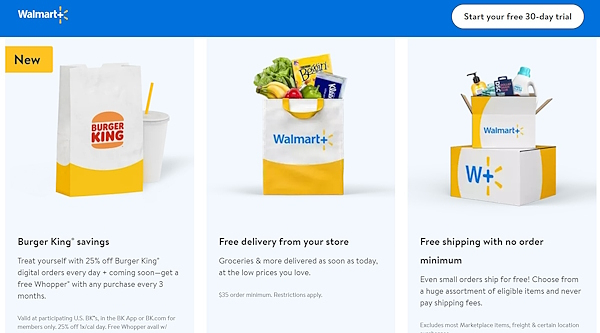 「Walmart＋」のサービスの1つとしてBurger Kingの特典をラインアップしている（画像は「Walmart＋」の公式サイトから編集部がキャプチャ）