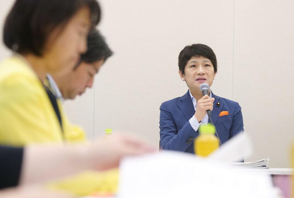 超党派議員連盟のプロジェクトチーム会合で発言する立憲民主党の西村智奈美氏＝13日午前、国会