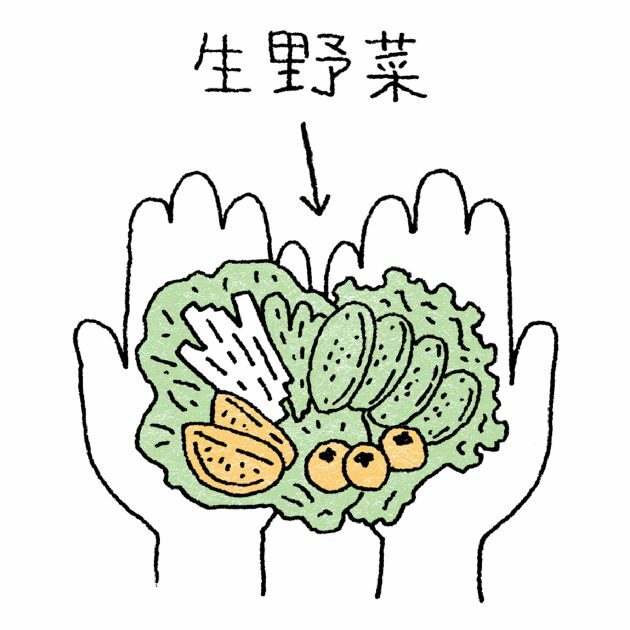 生で野菜を摂る場合には、いろいろな種類を両方の手のひらにのるくらいたっぷりと。