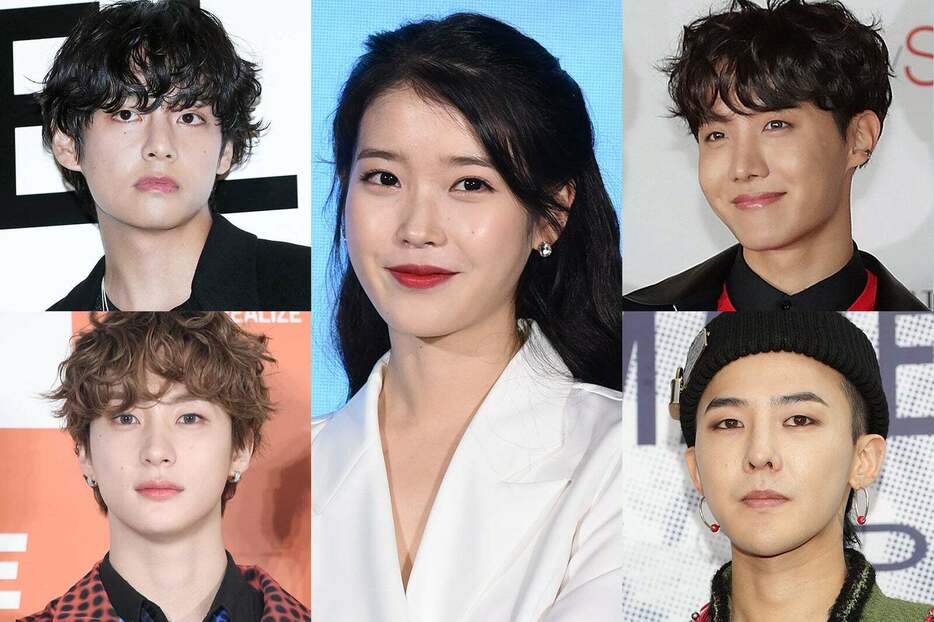 （中央）IU／Photo by Getty Images、（上段左から）V、J-HOPE／Photo by Getty Images、（下段左から）アントン、G-DRAGON／Photo by Getty Images